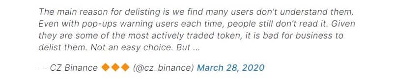binance.com Erklärung von Börsenvertretern