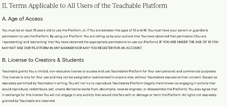 teachable.com-Dienstregeln