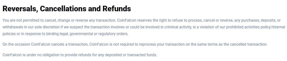 CoinFalcon Erstattungen